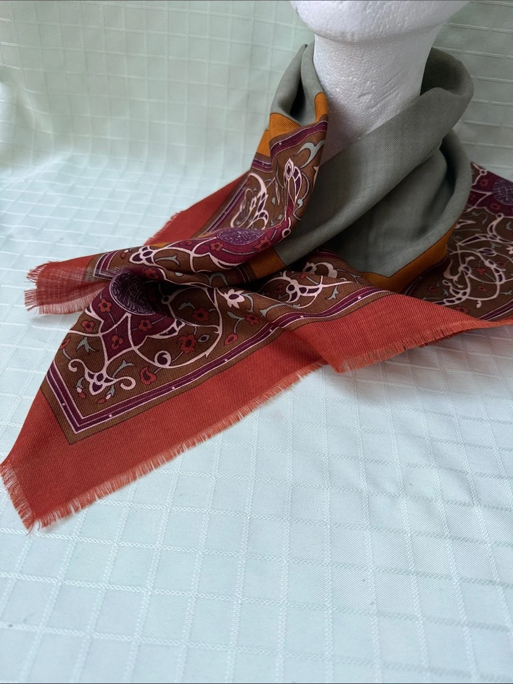 Vintage Anne Klein Wool Scarf in Sage, Rust & Mustard